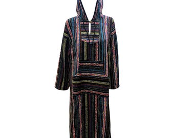 Boho Hooded Pocket ethnic nomad aztec striped jute long dress coat multi P4