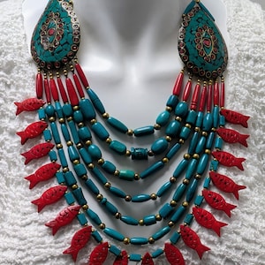Handmade Recycled Red & Turquoise Wood Beaded Multi-Layered Fish Charm Tribal Statement Necklace