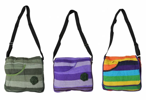 Boho hippie handmade cotton striped knitted floral nomad ethnic shoulder body sling bag medium