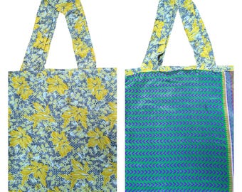 Recycled Reusable Reversible Sari Boho Lightweight Abstract Print Beach Tote Shoulder Bag P54
