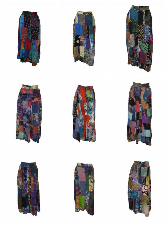 Boho Upcycled Patchwork Skirt A-line Retro Button Up Slit Hem Midi 8-12 P10-P18