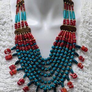Statement Handmade Retro Tiered Elephant Shaped Multi Bead Chunky Sustainable Necklace Turquoise & Red