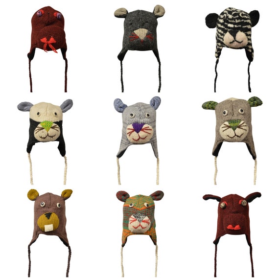 Handmade 100% wool Hats Knit Unisex Winter Tassel Animal Character Caps Warm Fleece Lining One size P122- P130