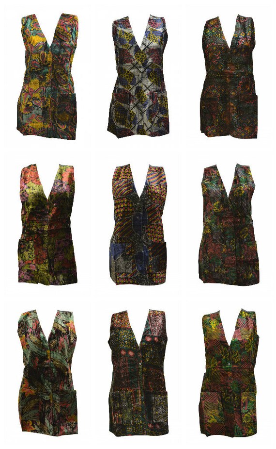Recycled Retro Velvet Waistcoat Boho Vintage style Abstract Pattern Vest Free Size up to 14