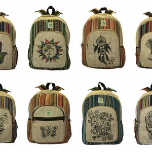 Sac à dos durable en coton recyclé, chanvre de l'Himalaya, imprimé abstrait, plusieurs poches