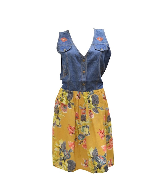 Retro Denim Floral Dress Button up Embroidered Chic Shift