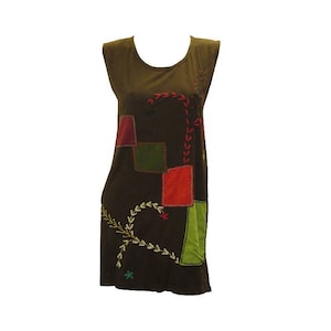 100% Cotton Recycled Tank Dress Boho Embroidered Upcycled Patch  Vest Top Size M P12