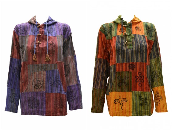 Womens Ladies 100% Cotton Hippie Patchwork Block print Kangaroo pocket Pullover Poncho S/M XL XXXL