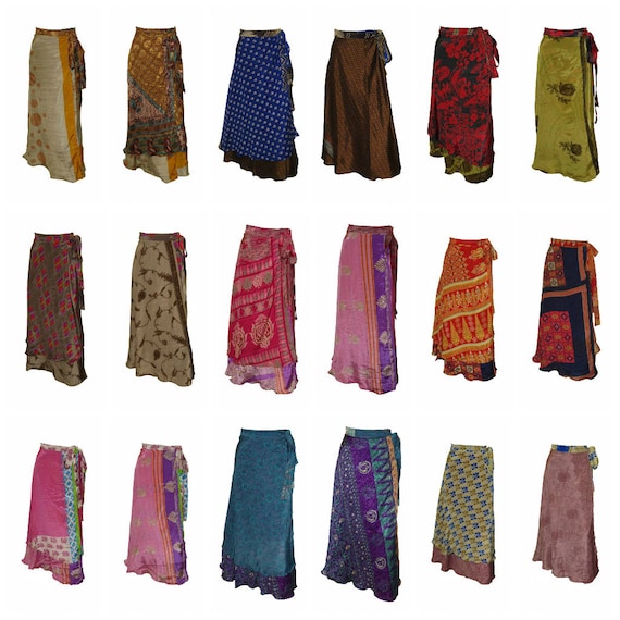 Upcycled Retro Reversible Skirt Vintage Sari A-line Layered Knot Boho Midi Free Size Up To 20 P140- P148