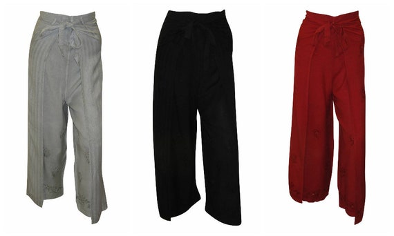 Womens Embroidered Trousers Overlay Wide Leg Wrap Around Pants Freesize 10 Up To 18