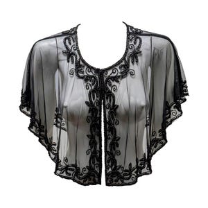 Vintage inspired Georgette Beaded Mesh Wedding Bridal Capelet Shawl Flapper Bolero Cover-up Black