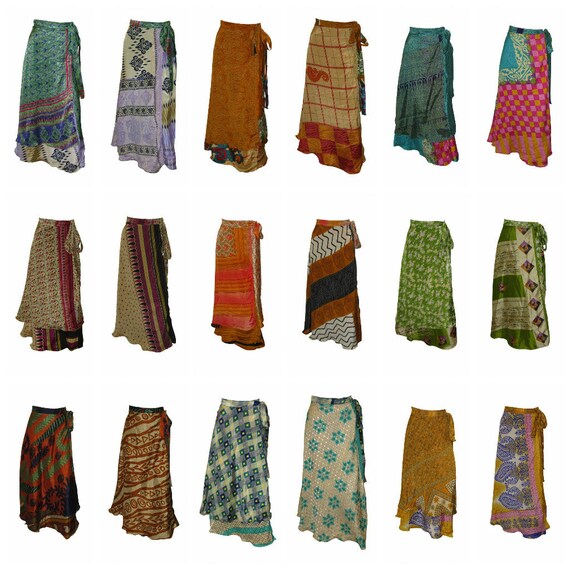 Upcycled Retro Reversible Skirt Vintage Sari A-line Layered Knot Boho Midi Free Size Up To 20 P104- P112