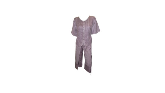 Boho Embroidered Co-ord Set Wrap Around Capri Pants Retro Button up Blouse Shirt Lilac