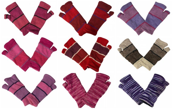 Handmade Knit Handwarmers 100% Wool Winter Striped Fingerless Fleece Lined Gloves One Size P68- P76