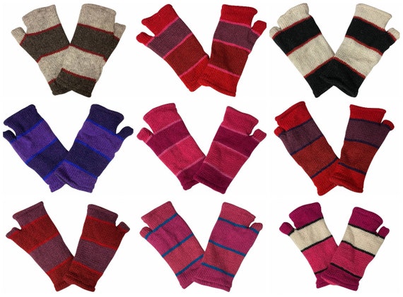 Handmade Knit Handwarmers 100% Wool Winter Striped Fingerless Fleece Lined Gloves One Size P49- P58