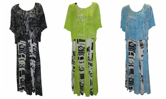 Womens Boho Dress Shirt Set Abstract Print Hippie Flare Hem Maxi Free Size Up to 16