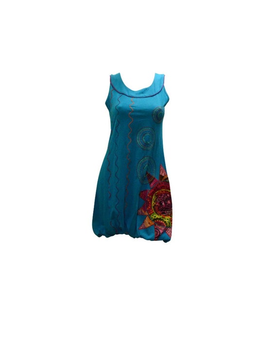 Womens Ladies Boho Chic Cotton Abstract Patchwork Embroidered Bubble Dress Blue Size S/M L/XL XXL