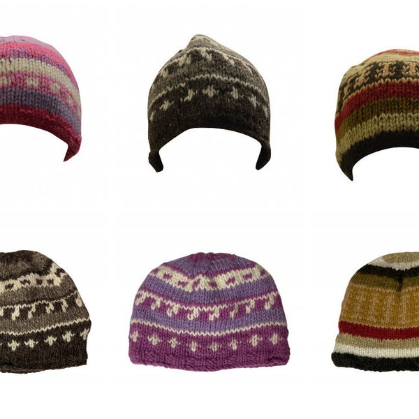 Handmade 100% Wool Beanie Unisex Adults Knit Hat Stripe Warm Fleece Lined boho Winter Cap p9- p17