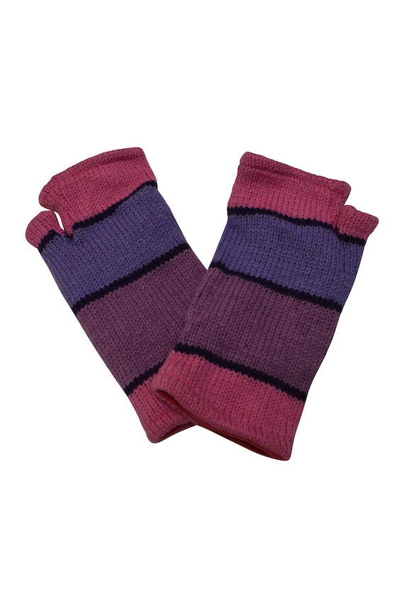 Handmade Knit 100% Wool Winter Fingerless Hand Warmers Fleece Lining Gloves One Size Pink/ Purple P23
