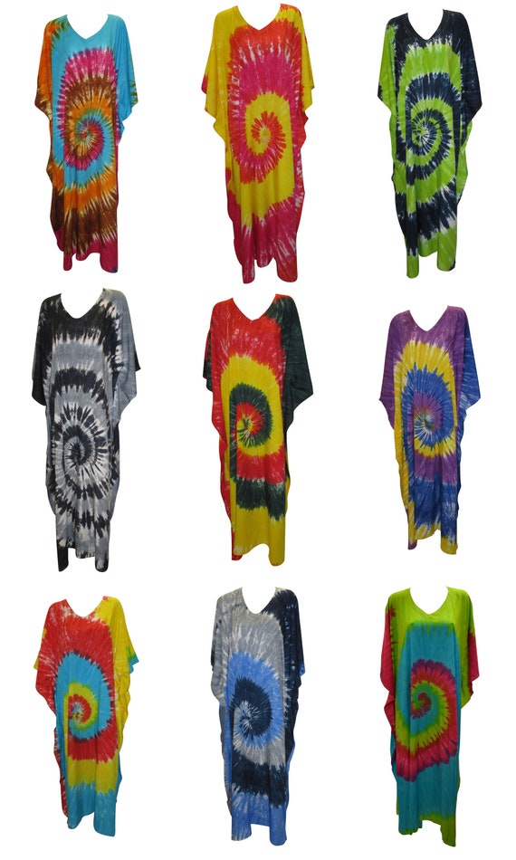 Womens Plus Size Kaftan Boho Hippie Swirl Tie-Dye Batwing Sleeves Loungewear Free Size Up To 28