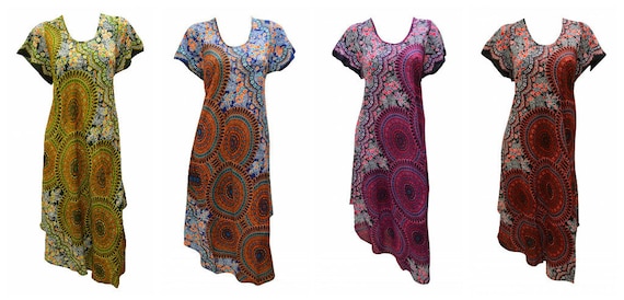 Womens Swing Dress Paisley Print High- Low Umbrella Pocket Short Sleeves Shift Free Size Up to 18