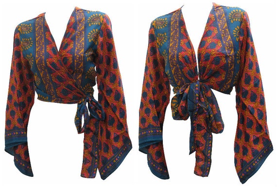 Recycled Retro Crop Top Bell Sleeves Boho Front Knot Wrap Blouse Free Size Up to 16 P43