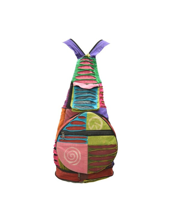 100% Cotton Recycled Hippie Patchwork Rucksack 2in1 Boho Pouch Peace Print Front Zip Pocket Shoulder bag P3