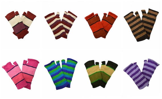 Handmade Knit 100% Wool Winter Striped Fingerless Hand Warmers Fleece Lining Gloves One Size P6-P13