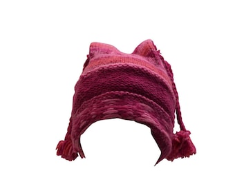 Handmade knit 100% wool unisex adults  beanie multi tassel warm fleece lined boho  winter hat p1