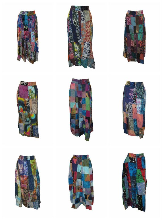 Boho Upcycled Patchwork Skirt A-line Retro Button Up Slit Hem Midi 8-12 P19-P27