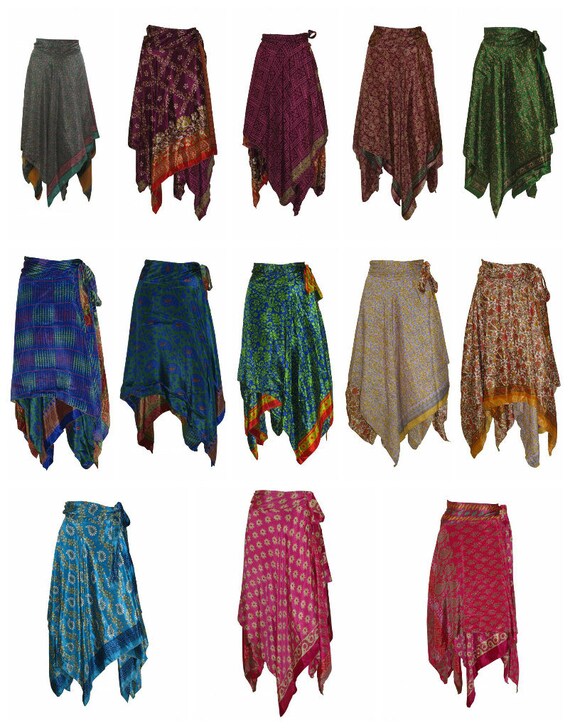Upcycled Wrap- around Skirt Reversible Vintage Patchwork handkerchief Hem Boho Midi Free Size up to size 18 P10-P18
