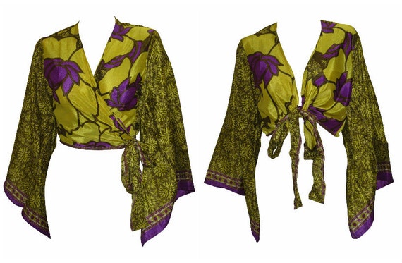 Recycled Retro Crop Top Bell Sleeves Boho Front Knot Wrap Blouse Free Size Up to 16 P41