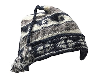 Handmade Wool Knit Beanie: Fleece Lined Winter Hat with Tassels - BLACK