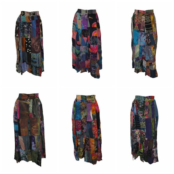Boho Upcycled Patchwork Skirt A-line Retro Button Up Slit Hem Midi 8-12 P46-P51