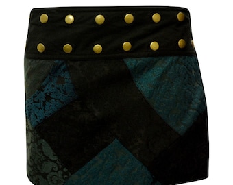 Womens Ladies Upcycled Reversible Damask Patchwork Retro Mini Wrap Around Skirt P12