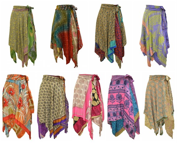Upcycled Wrap- around Skirt Reversible Vintage Patchwork handkerchief Hem Boho Midi Free Size up to size 18 P334- P343