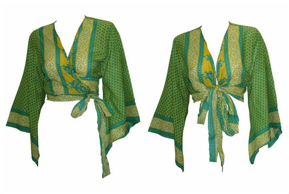 Recycled Retro Crop Top Bell Sleeves Boho Front Knot Wrap Blouse Free Size Up to 16 P40