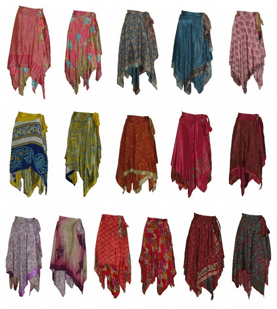 Upcycled Wrap- around Skirt Reversible Vintage Patchwork handkerchief Hem Boho Midi Free Size up to size 18 P82-P90