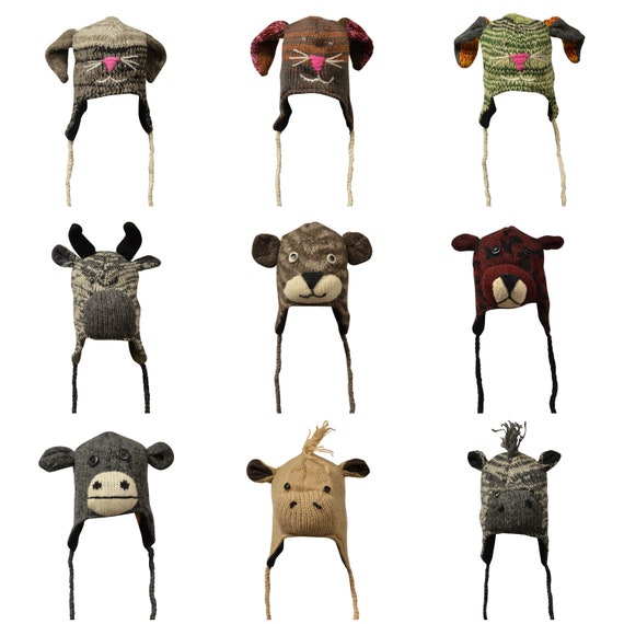 Handmade 100% wool Hats Knit Unisex Winter Tassel Animal Character Caps Warm Fleece Lining One size P103- P111