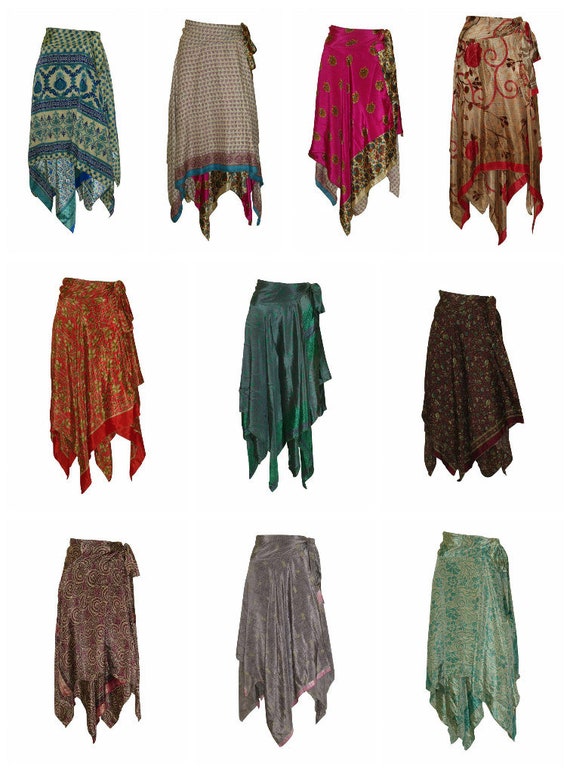 Upcycled Wrap- around Skirt Reversible Vintage Patchwork handkerchief Hem Boho Midi Free Size up to size 18 P46-P54