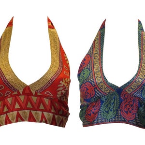 Recycled Reversible Retro Crop Top Boho Festival Halterneck Bralette One Size P89