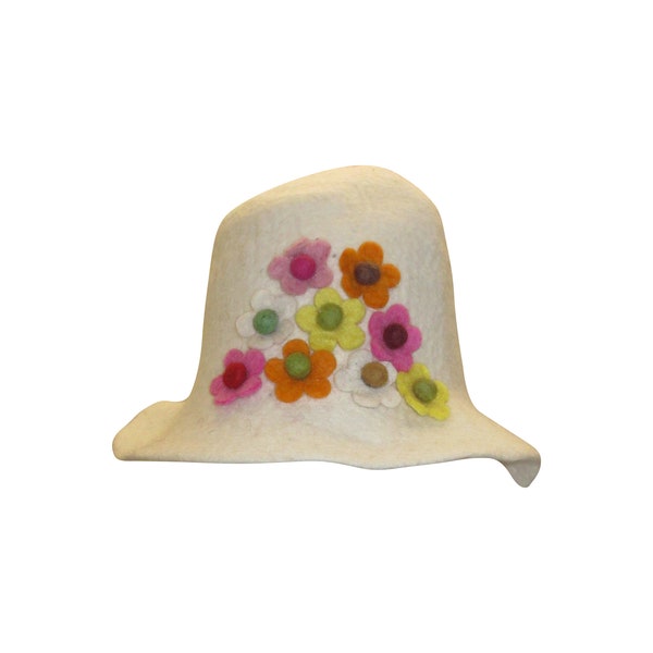 Recycled 100% Felt Handmade Flower Design Boho Boho Bauble Winter Bucket Hat P3