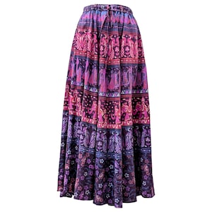 Cotton Boho Maxi Skirt: Elephant Peacock Print, Drawstring Waist (Free Size Up to 20