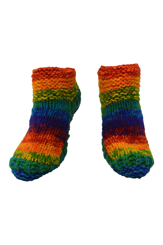 Handmade 100% Wool Boho Chunky Knit Unisex Slipper Socks Warm Cosy Fleece Lining Rainbow Blue