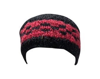 May include: A black and red knit headband. The headband features a band of red with a black geometric pattern. The rest of the headband is black. This warm headband is perfect for cold weather.