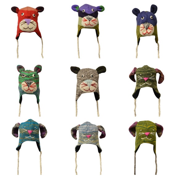 Handmade 100% wool Hats Knit Unisex Winter Tassel Animal Character Caps Warm Fleece Lining One size P76- P84