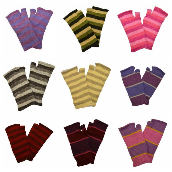 Handmade Knit 100% Wool Winter Striped Fingerless Hand Warmers Fleece Lining Gloves One Size P14-P22