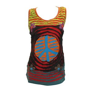 May include: A sleeveless tank top featuring a peace sign design in blue, orange, and black. The top has a multi-coloured striped pattern with red, orange, yellow, and green. The peace sign is surrounded by a red and orange circle. The top has a black background with a red and orange stripe at the bottom.