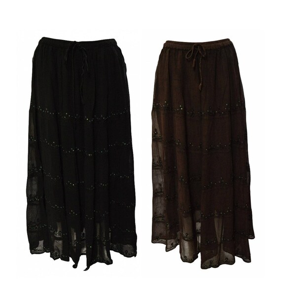 Womens Ladies Boho Floral Embroidered Tiered Gypsy Sheer Maxi Sequin Skirt Freesize Up To 18