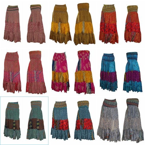Recycled 2in1 Skirt and Dress Retro Shirred Festival Boho Tiered Flowy Maxi Free Size Up To 20 P46-54